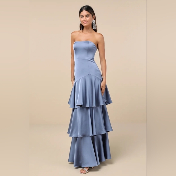 Lulus Blissfully Beautiful Slate Satin Strapless Tiered Maxi Dress Wedding Party - Picture 3 of 8
